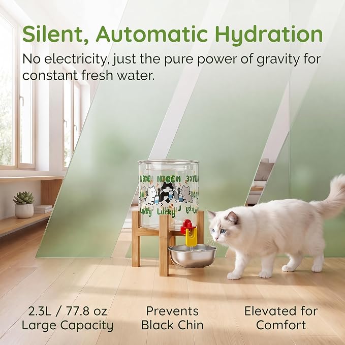 Gravity Cat Water Fountain No Electricity, 2.3L/77oz Cat Water Dispenser, Glass Water Bowl with Stainless Steel Basin, 0 Noise, Dustproof, Easy to Clean, for Indoor Cats & Small Pets