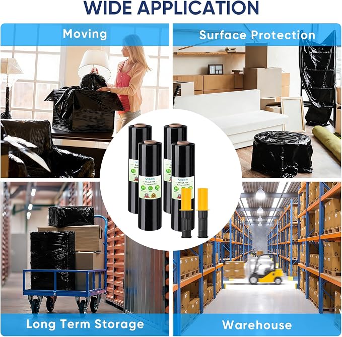 TICONN 4Pk Stretch Wrap Stretch Film Roll, 1000ft Industrial Strength 15 inch Wide Black Plastic Wrap with Handles for Pallet Wrapping Shipping Moving