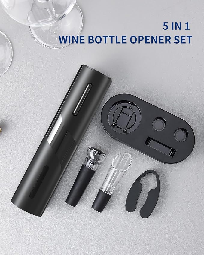 CIRCLE JOY Electric Wine Bottle Opener Set Rechargeable Wine Corkscrew Cordless Wine Opener Gift Set with Charging Base, Foil Cutter, Wine Aerator Pourer and Vacuum Wine Stopper, Black