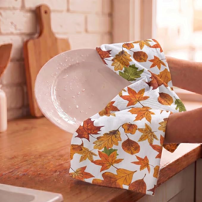 Urban Villa Kitchen Towels Harvest Leaves Print Dish Towels Set of 6 20" X30” 100% Cotton Highly Absorbent Quick Drying Dish Cloths & Dish Towels Thanksgiving Fall Tea Towels with Hanging Loop Towels