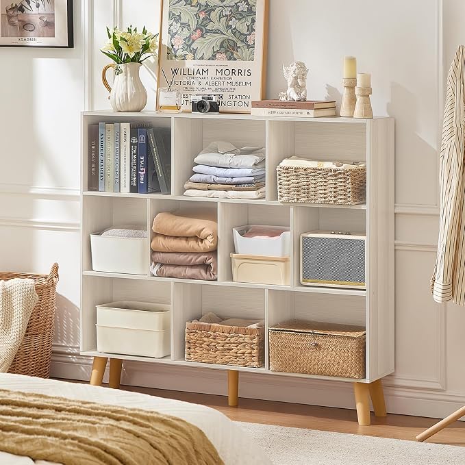 LEYAOYAO 10 Cube Bookshelf,Mid-Century Modern Bookcase with Legs,Light Grey | 3 Tier Book Shelf,Rustic Wood Bookshelves Freestanding Large Storage Organizer, Open Shelves for Bedroom, Living Room, Office