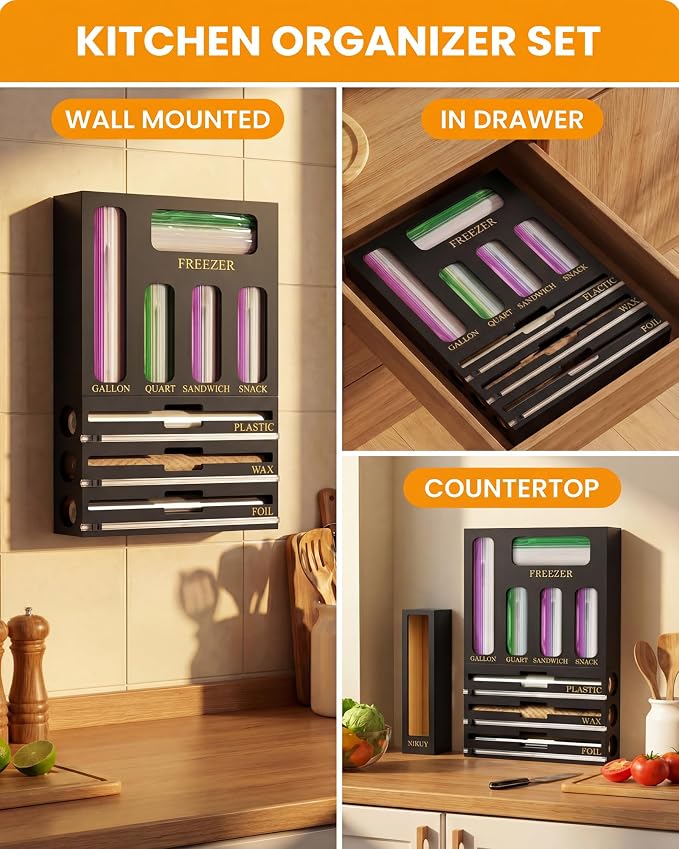 9 IN 1 Bamboo Foil and Plastic Wrap Organizer for Kitchen Drawer, Plastic Bag Organizer Organization and Storage, Food Storage Bag Organizer (BLACK)