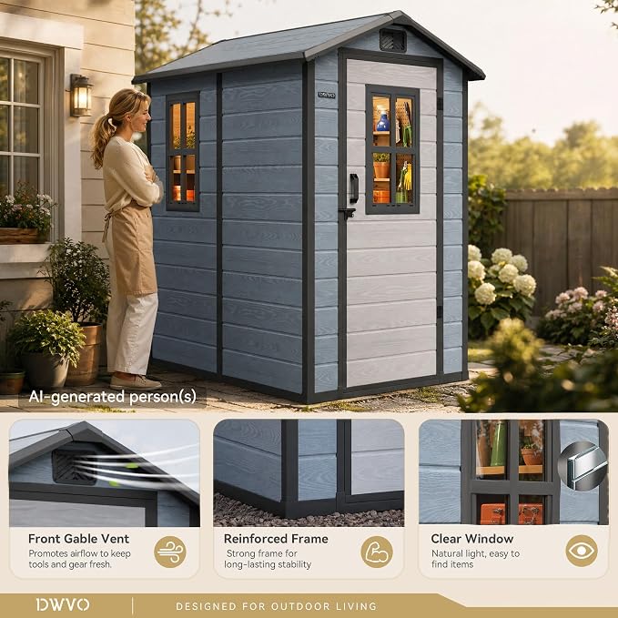 DWVO Outdoor Storage Shed 4.4×6FT, Plastic Garden Resin Shed with 2 Windows, Reinforced Floor, Door Handle, Door Lock & Vents, Outdoor Tool Shed for Backyard Patio, Stores Bike Garden Tools, Blue-Gray