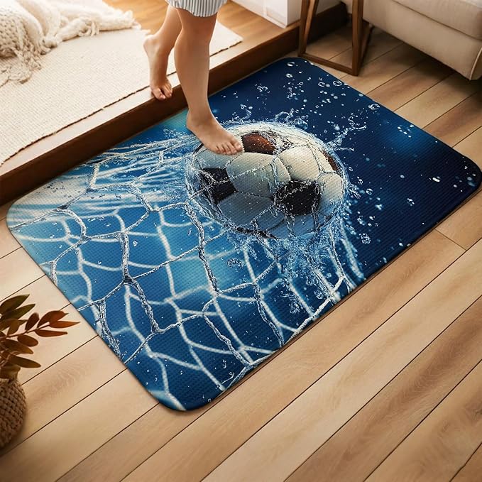Entryway Rug Indoor Outdoor 31.5"x47.2", Soccer Ball Absorbent Non Slip Floor Mat, Wet Net Power Shot Blue Football Low-Profile Welcome Mats for Front Door Patio Mudroom Garage Entrance