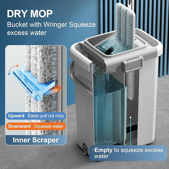 JOYMOOP Flat Mop System, Microfiber Mop and Bucket Set, White, Hands-Free Floor Cleaning Mop for Household & Commercial Use, Wet and Dry Cleaning, Includes 3 Washable Pads