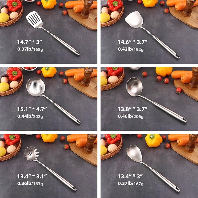 6 PCS All Metal Cooking Utensils Set - 18/10 Stainless Steel Kitchen Tools | Professional Cooking Spoons Set, 15" Spatula, Ladle, Skimmer Spoon, Pasta Serve, Large Spoon, Slotted Spatula Turner
