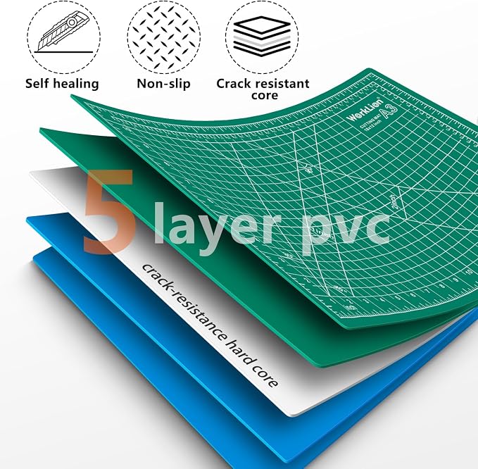 WORKLION Self Healing Cutting Mat - 12 x 18 inch Double Sided 5-layer Gridded Rotary PVC Cutting Board, for Sewing, Quilting, Scrapbooking and Arts & Crafts Projects (5 Pack)