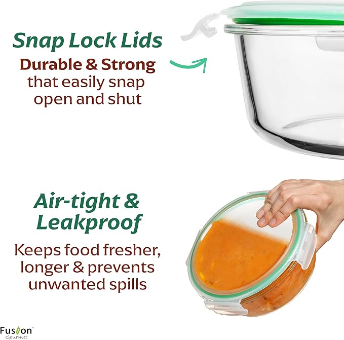 Round Glass Food Containers - 6 Pack, Microwave Safe | Borosilicate Round Bowls, 3x970 ml & 3x390 ml, Airtight Leakproof Lids, Oven Freezer Dishwasher Compatible
