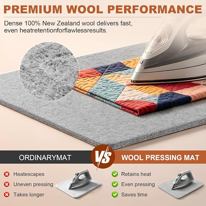 Wool Pressing Mat, 100% New Zealand Wool, 17" x 13.5" Ironing Mat | for Quilters and Sewing Enthusiasts, Complete Craft Kit with Essential Accessories for Quilting, Sewing & Fabric Projects