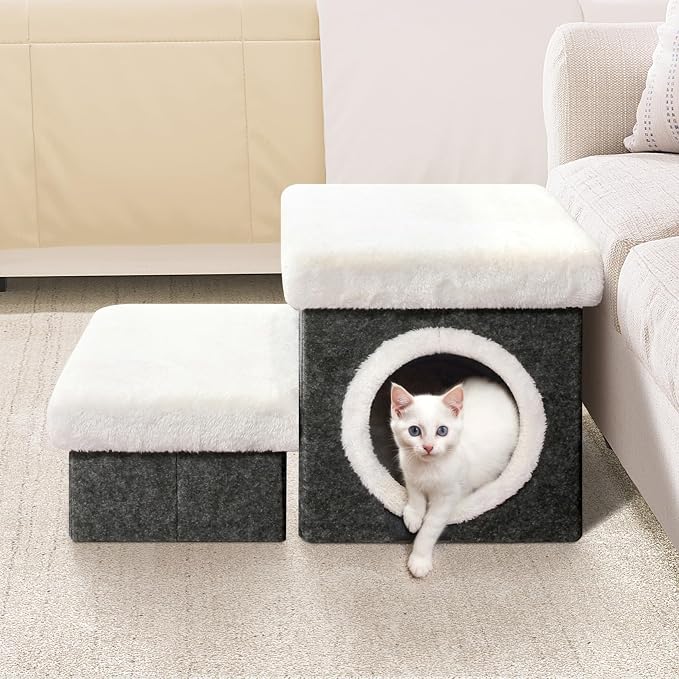B FSOBEIIALEO Cat House Pet Stairs for Beds Sofa, Foldable Dog Steps 2-Tier With Storage Toy Box, Small Indoor Pet Steps Grey 15.7x12.6x12.6 Inches