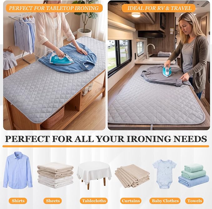 Tegeme 30 x 60 Inch Ironing Mat, Heat Resistant Foldable Iron Board Pad | For Tabletop & Countertop, Large Quilted Cotton Surface, Thick Heat Resistant Padding, Foldable Design, Home & Travel Use