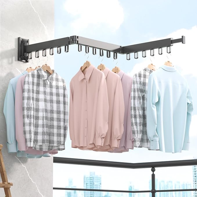 BOQORAD Clothes Drying Rack,Wall Mounted Space-Saver,Retractable,Collapsible, Strong Load-Bearing,ing Rack Clothing,Laundry Drying Rack（Windproof Ring, Three Pole）