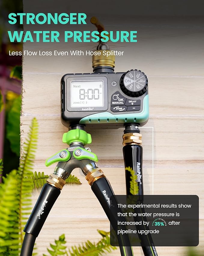 RAINPOINT Sprinkler Timer 2 Outlet, Water Timer for Garden Hose, Programmable Drip Irrigation for Yard Outdoor Watering, Rain Delay/Manual/Automatic (Brass, 1 pcs)