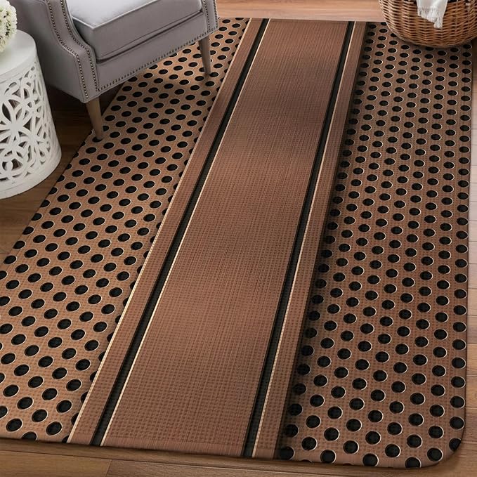 Brown Metal Hole Washable Area Rugs for Living Room Bedroom, Large Non Slip Indoor Floor Carpet Absorbent Low Pile Copper Net Eye Hole Pattern Door Mat Rugs for Bathroom Entryway 63"x90.6"