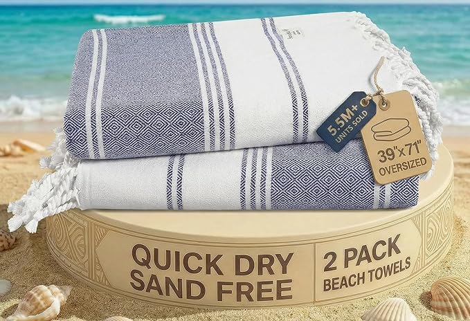 LANE LINEN Beach Towel 2 Pack, Beach Towels Oversized, Soft - Navy Blazer | Pre-Washed Large Beach Towels - 39"x71", Vacation Essential - Machine Washable, Travel & Camping - Reinforced Hems, Durable