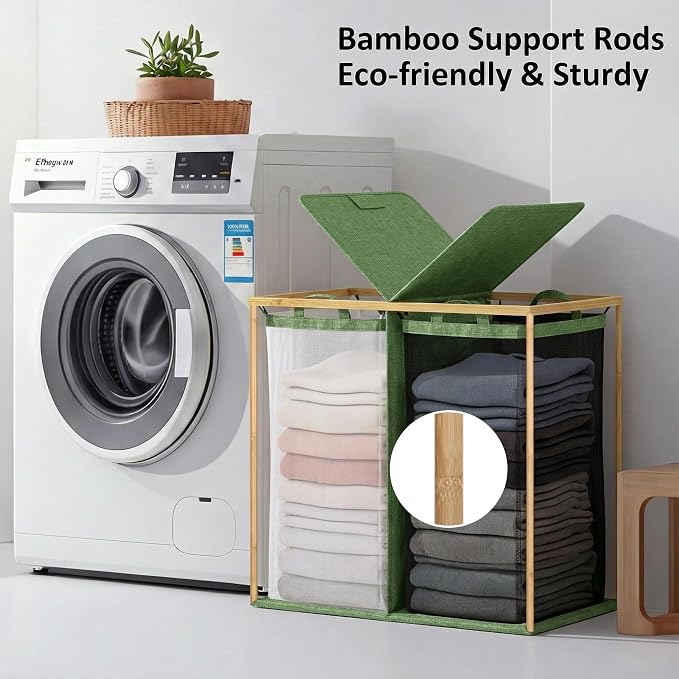 efluky Laundry Hamper with Lid, Double Laundry Basket with 2 Removable Bags, 2 Section Laundry Bin with Bamboo Handles for Bathroom, Bedroom & Laundry Room, 140L (36.9 Gallon) Sage Green