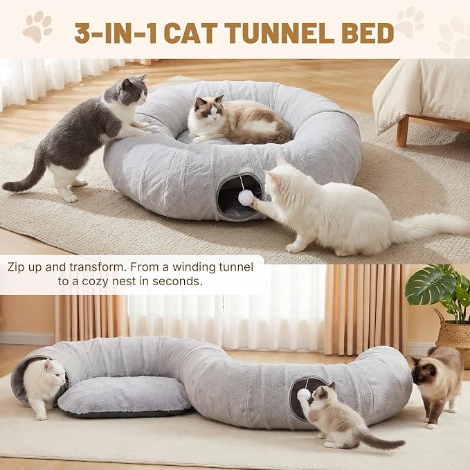 Extra Large Cat Tunnel, 47.2in Multi-Cat Family Big Cat Tunnel for Cats, Long Cat Tunnel Bed with Washable Plush Mat, XXL Pet Play Tunnel Toy for Cats, Puppy, Rabbits Grey