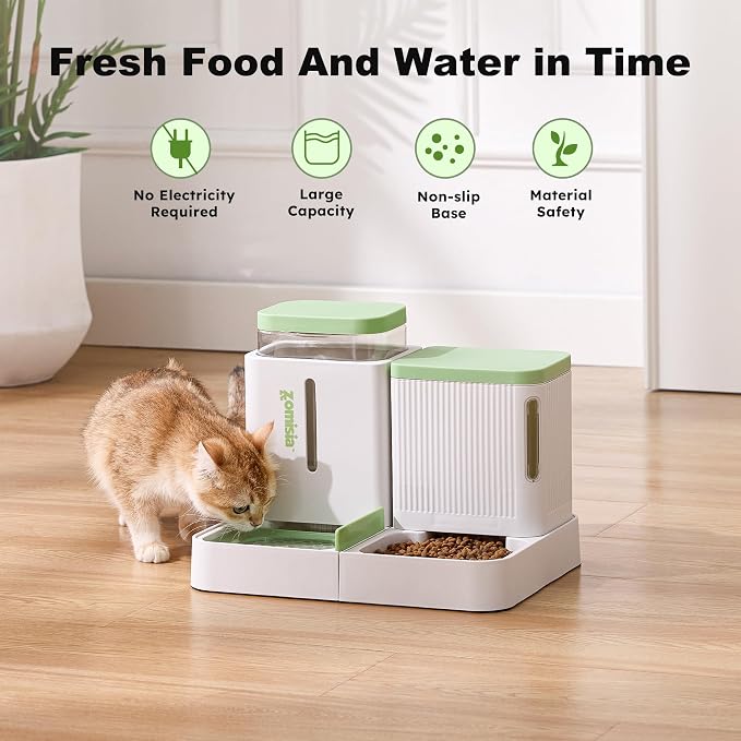 ZOMISIA Gravity Cat Feeder and Water Dispenser, 2 in 1 Cat Self Feeder with 180 Degree Rotatable, Automatic Feeding Large Capacity for Small Medium Dog Puppy Kitten, White & Green, 0.8 Gallon x 2