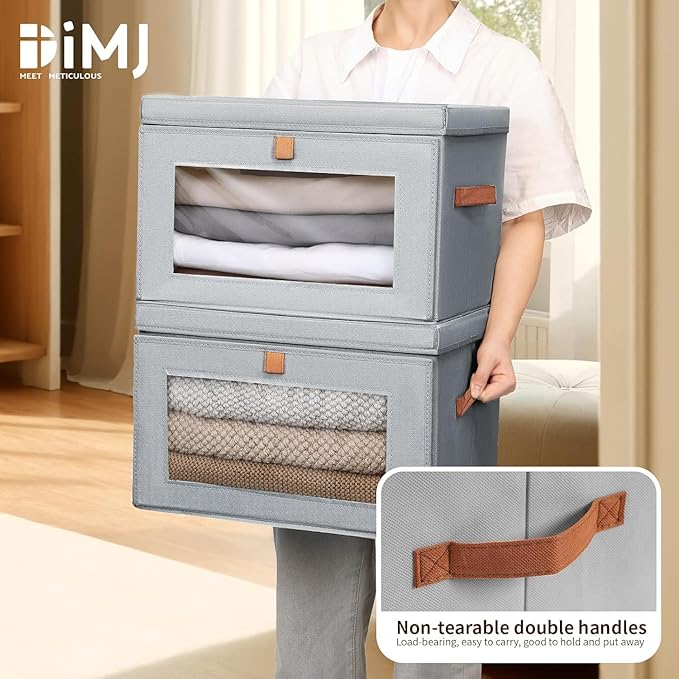 DIMJ Storage Bins with Lids - 6 Pack Fabric Closet Organizer with Window & Handles, Collapsible Decorative Storage Boxes for Shelves Under Bed, Books Clothes Blankets Sweaters Organization