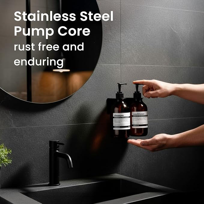 Shampoo and Conditioner Dispenser Wall Mounted Set of 2 Amber Black - No Drill Shower Soap Dispenser for Bathroom Refillable - Spa Hotel Style Accessories by MaisoNovo | 500 ml Shower Gel Dispenser Set of 2. Refillable Shampoo and Conditioner Bottles. ...