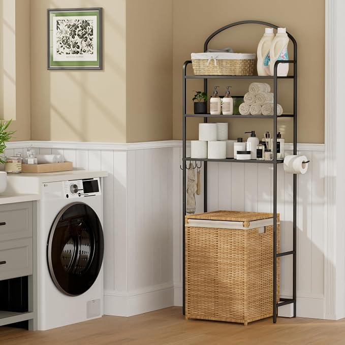 Over The Toilet Storage Rack - 3 Tier Bathroom Organizer with 4 Hooks & Paper Holder - Space Saving Metal Shelf for Bathroom - Black Toilet Storage