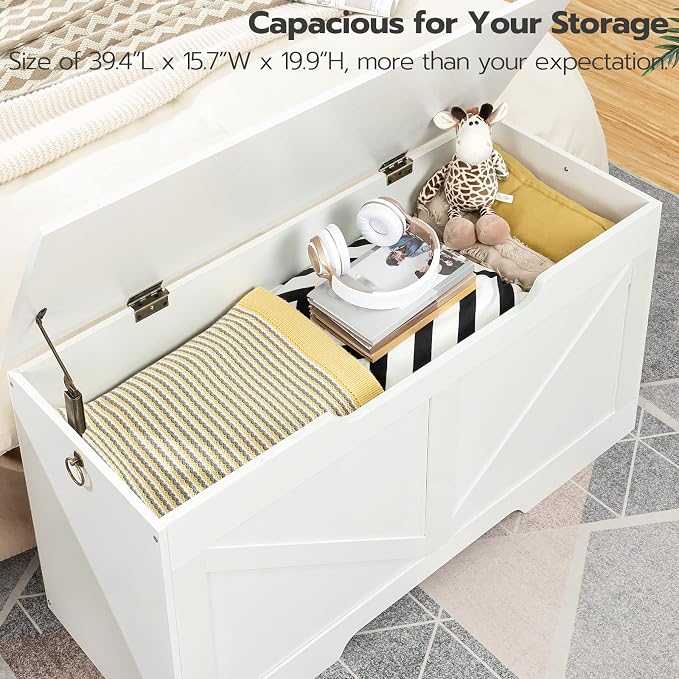 HOOBRO Storage Bench, 39.4” Retro Wooden Storage Chest with U-Shaped Cut-Out Pull, Safety Hinge, Supports 220 lb and Easy Assembly for Toy Box Organizer (White) WT771CW01G1