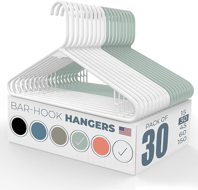 Plastic Hangers 30 Pack – Made in the USA – 6lb Capacity Standard Clothes Hangers with Strap Hooks for Dresses, Lingerie, Shirts, Pants, and Jackets – White & Mint