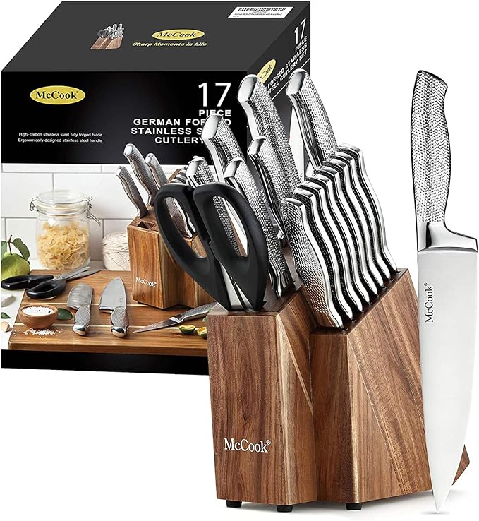 McCook Knife Set Sharp Kitchen Knife Block Set w Built-in Sharpener | German Forged Stainless Steel,17 PC,Razor Sharp, Anti-Rust,Restaurant Grade, Ergonomic Handle,Full Tang,Gift Box