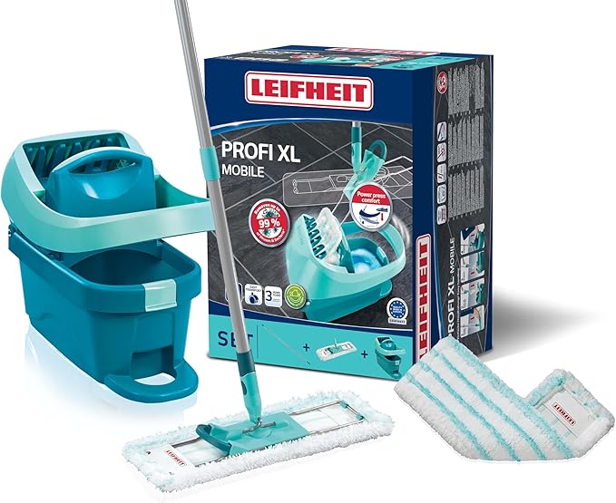 Leifheit Floor Cleaning Profi XL Mop and Bucket Set – 42 cm Microfibre Mop for Large Floors with 360° Joint, Foot-Pedal Wringing System, Heavy Duty 8 L Bucket, Easy Moist or Wet Cleaning, Turquoise | Bucket wringer on wheels, foot wringing system, 2 Mi...