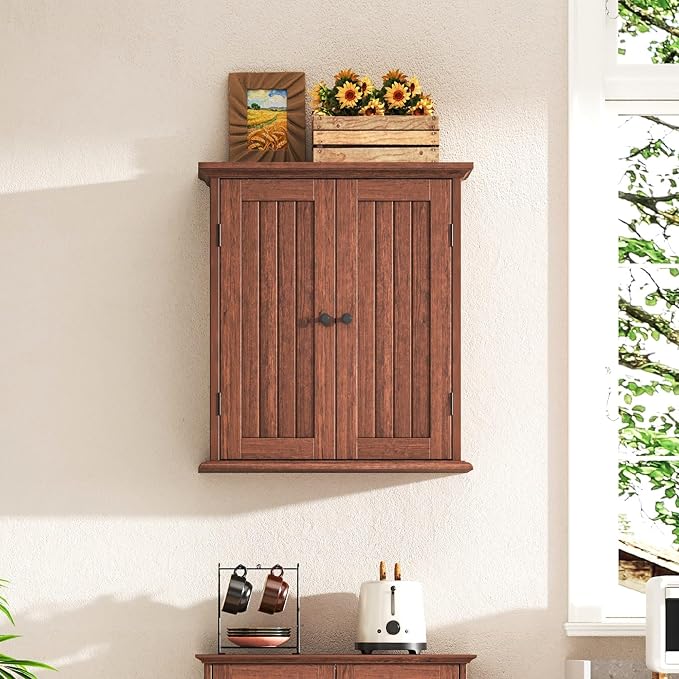 ChooChoo Bathroom Wall Cabinet, Over The Toilet Space Saver Storage Cabinet, Farmhouse Medicine Cabinet with 2 Doors and Adjustable Shelves, Cupboard, Walnut
