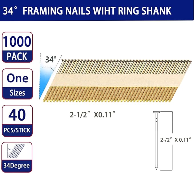 HW HAMWOO 34°Framing Nails,Galvanized Ring Shank,2-1/2":1000pcs | D Head Nail Pack,Paper Tape Strip Nails,for 30 to 34 Degree Framing Nailer
