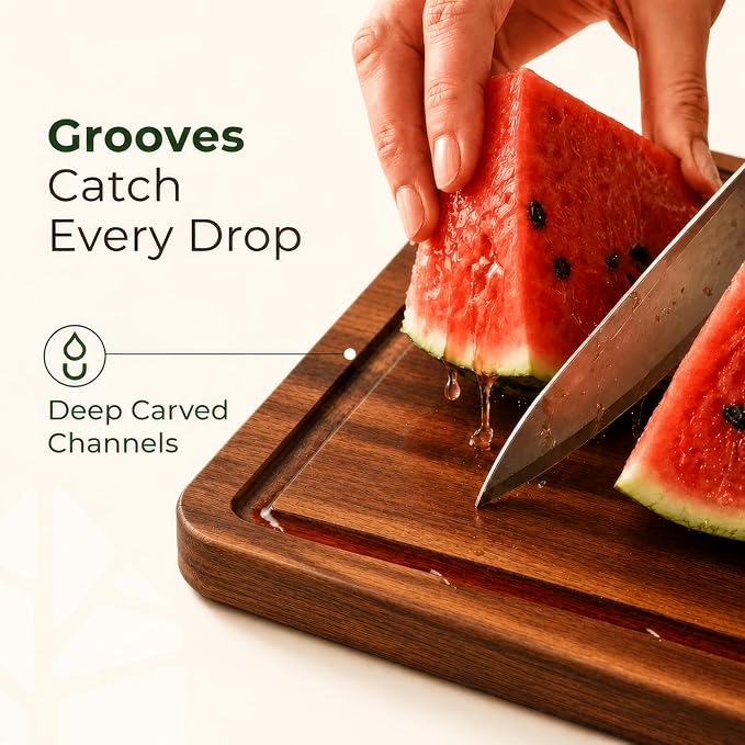 Acacia Wood Cutting Board Set of 3 with Holder & Juice Grooves | Built-in Handles, Durable – for Chopping, Food Prep & Serving as a Charcuterie Platter