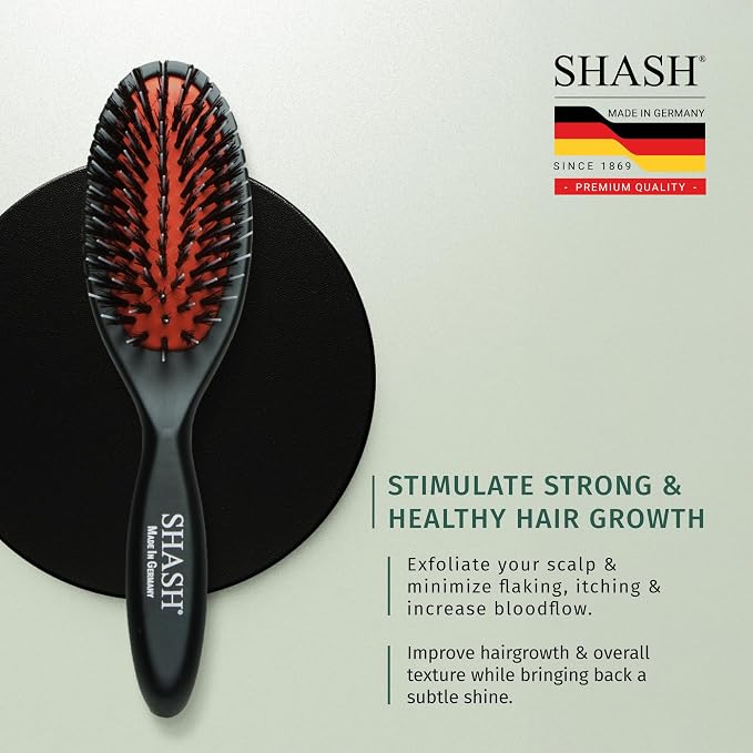 SHASH Since 1869 Hand Made In Germany - Nylon Boar Bristle Brush Suitable For Normal to Thick Hair Gently Detangles, No Pulling or Split Ends - Softens Improves Hair Texture, Stimulates (Extra Small)
