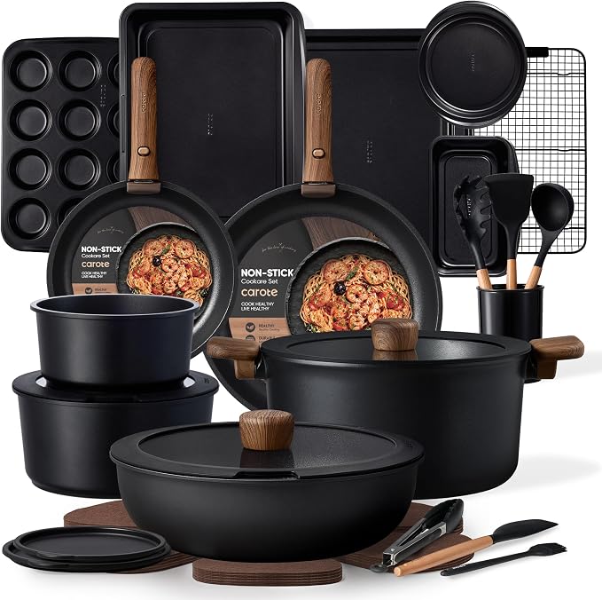 CAROTE 31pcs Nonstick Pots and Pans Set with Baking Pans Set, Cookware Sets with Detachable Handle, Kitchen Cooking Set - Camping Cookware, Dishwasher & Oven Safe, Induction Compatible