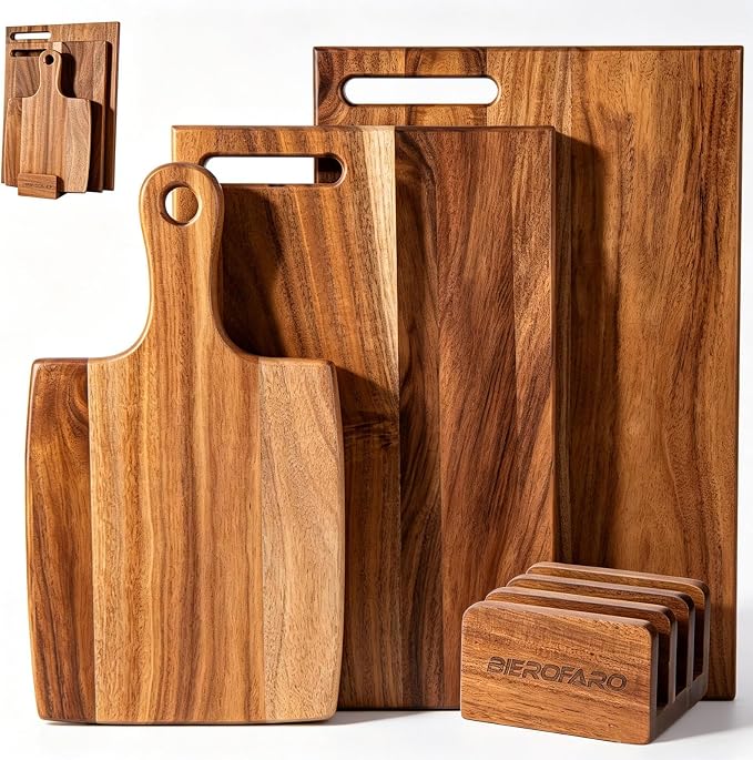 Acacia Wood Cutting Board Set of 3 with Stand, Multi-Size Wooden Chopping Boards for Kitchen Food Prep, Charcuterie, Cheese and Serving, Space-Saving Storage