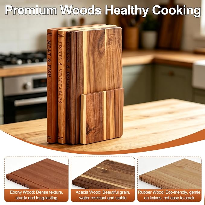 Book Cutting Board Set of 3 – Newly Upgraded and Thickened Chopping Boards Premium Acacia, Ebony & Rubberwood，with Display Stand，Ideal Gift & Kitchen Decor
