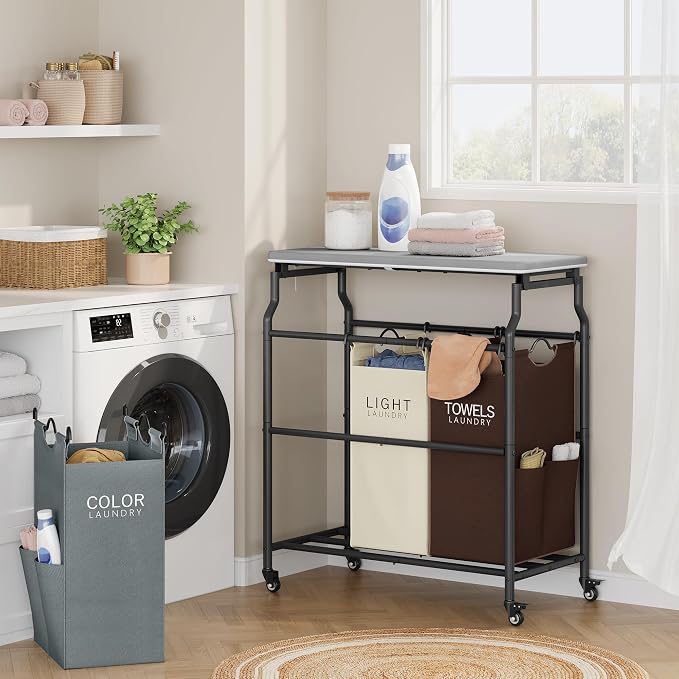 Hoctieon 3 Section Laundry Sorter with Iorning Board, Hamper with Wheels | Brown+Gray+Beige,Lockable Wheels, Laundry Basket Organizer, Heavy Duty Clothes Separator, Removable Bags,Rolling Laundry Cart