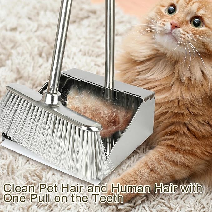 Metal Dust Pan with Long Handle, Stainless Steel Standing Dustpan | Metal Dustpan with Teeth