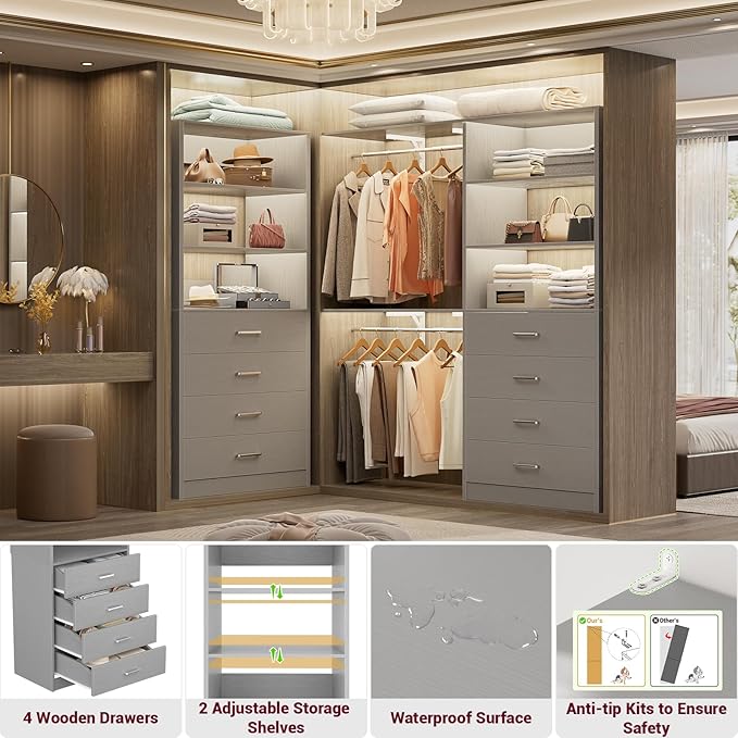 Aheaplus Closet Drawers System, 21.3" Wood Closet Organizer System with 4 Drawers, Modular Walk-in Closets System Storage Unit, Small Closets Wardrobe Rack, Tall Storage Cabinet Unit, Grey1