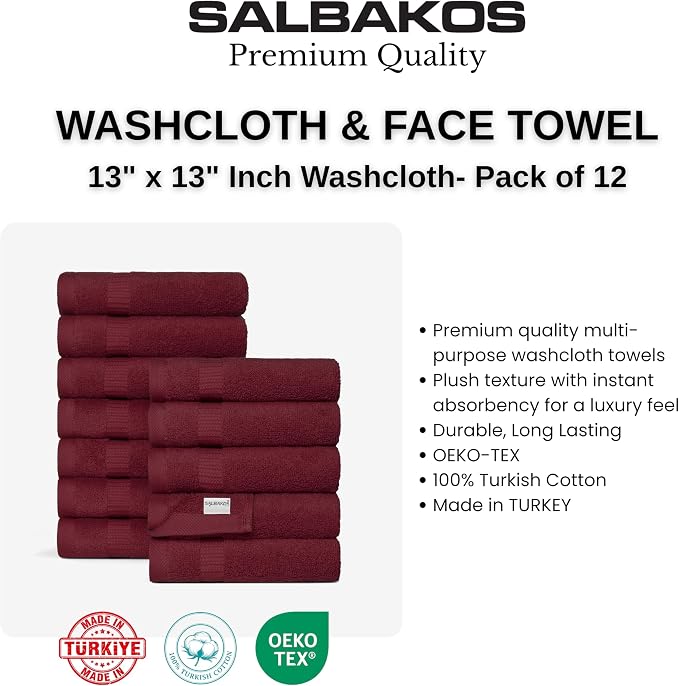 SALBAKOS 12-Piece 100% Turkish Cotton Washcloths and Face Towels, Wine | 13x13 in Standard Size Small Towel, Multi-use Bathroom & Kitchen, Thick Super Soft Absorbent Durable, Oeko-Tex Made in Turkey