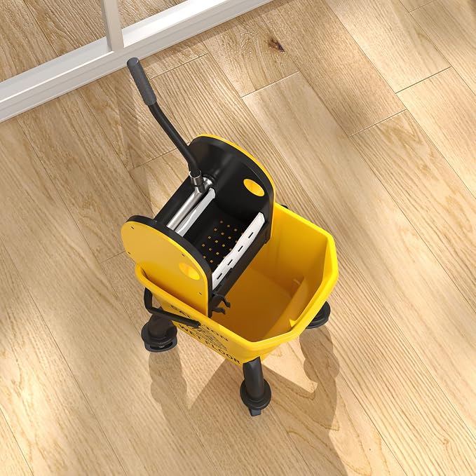 HOMCOM Mop Bucket with Wringer on Wheels, 27.5 Quart, with Mop, Yellow | Down Press Wringer, Handle and Mop, Floor Cleaning