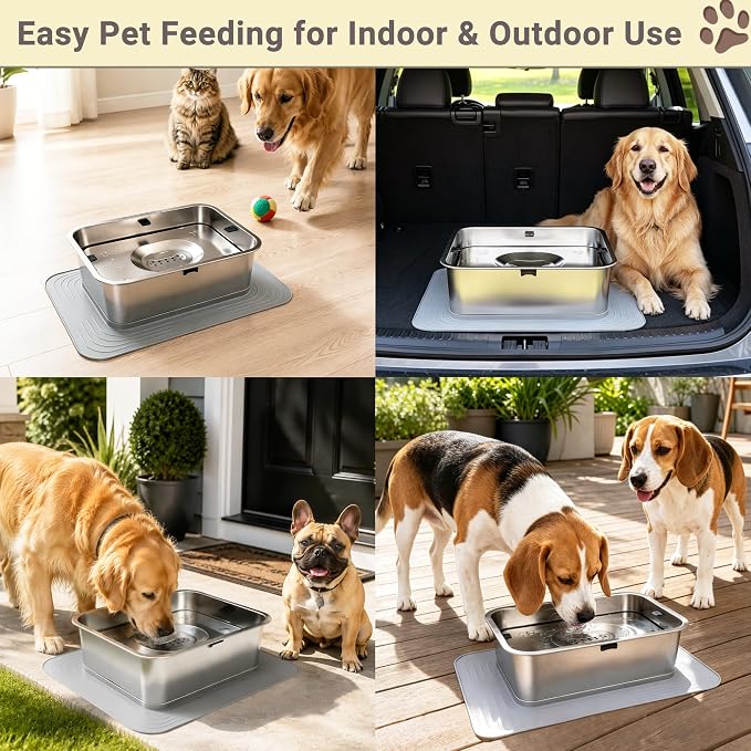 15L/3.96Gal No Spill Dog Water Bowl, Non-Slip Mat for Large Dogs | Spill Proof Water Bowl with 304 Stainless Steel Floating Disk, Slow Drinking Pet Bowl for Messy Drinkers, Indoor/Outdoor