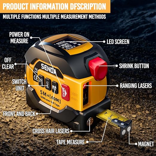 SENDA 3-in-1 Laser Tape Measure - 197Ft Digital Measuring Tape with Led Display&16Ft Measuring Tool with Magnetic Hook & Auto Lock - Pythagorean, Area, Volume, Ft/Ft+in/in/M Unit,AAA Battery*2, Yellow