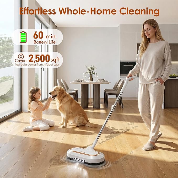 AlfaBot Cordless Electric Mop for Floor Cleaning, Dual Spin with LED Headlight, Water Spray, Long-Lasting Battery, Self-Propelled Floor Cleaner with Adjustable Tube for All Floors