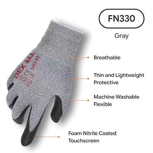 DEX FIT Nitrile Work Gloves FN330, Grey XS, 1 Pair, 3D-Comfort Stretchy Fit, Firm Grip, Thin & Lightweight, Touch-Screen Compatible, Durable, Breathable & Cool, Machine Washable