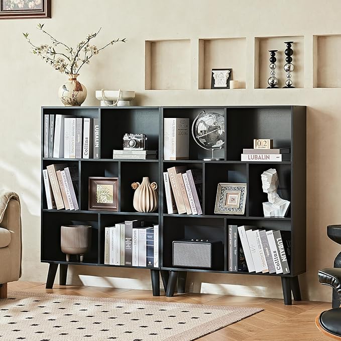 LEYAOYAO Cube Bookshelf, Mid-Century Modern Book Shelf with Legs, Black | 3 Tier Bookcase, Rustic Wood Bookshelves Freestanding Small Storage Organizer, Open Shelves for Bedroom, Living Room, Office