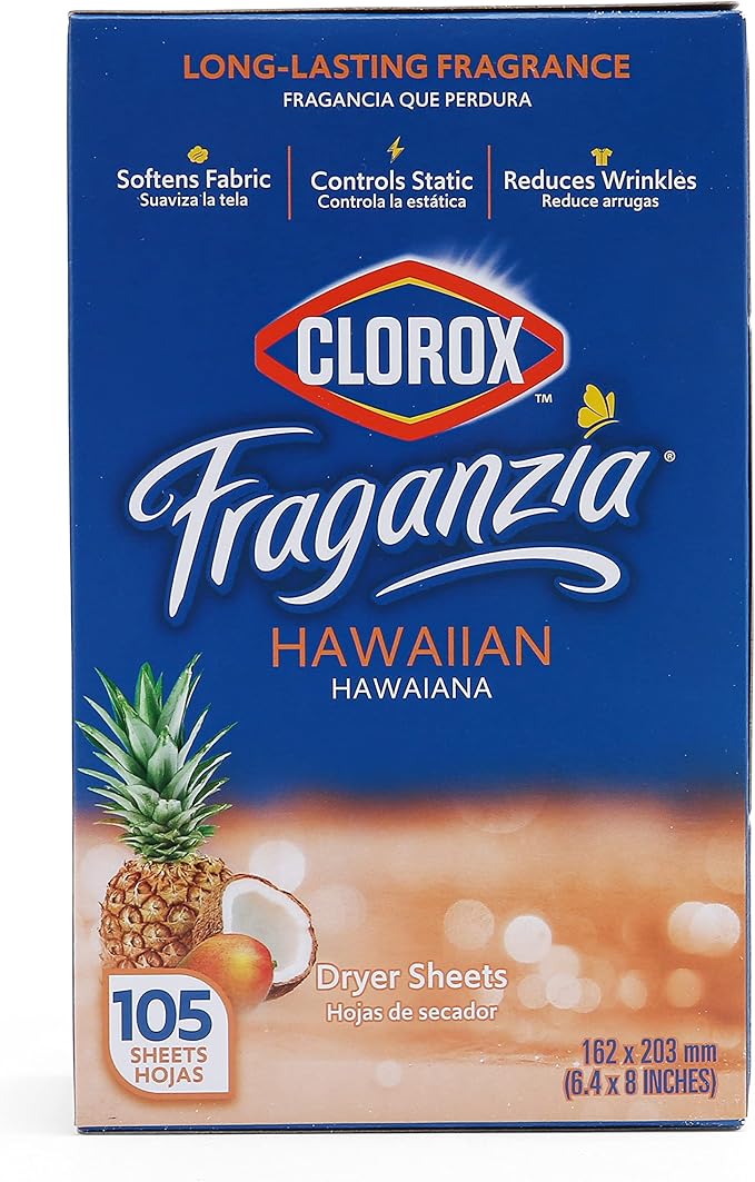 Clorox Fraganzia Fabric Softener Dryer Sheets, Wrinkle Reducing Anti Static, Great Smelling Clothes Softens Fabrics, Hawaiian Escape Scent, 105 Count