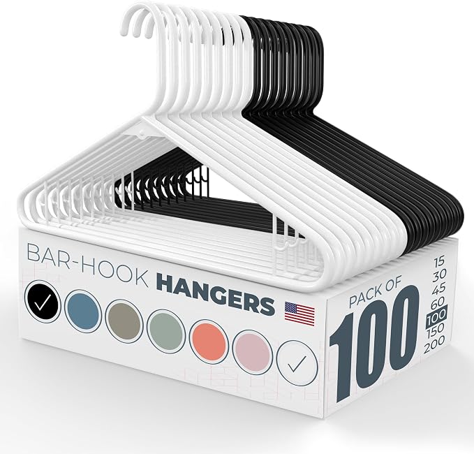 Plastic Hangers 100 Pack – Made in the USA – 6lb Capacity Standard Clothes Hangers with Strap Hooks for Dresses, Lingerie, Shirts, Pants, and Jackets – White & Black