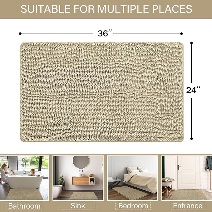 LOCHAS Luxury Bathroom Rug Shaggy Bath Mat 24 x 36 Inch, Beige | Washable Non Slip Bath Rugs for Bathroom Shower, Soft Plush Chenille Absorbent Carpets
