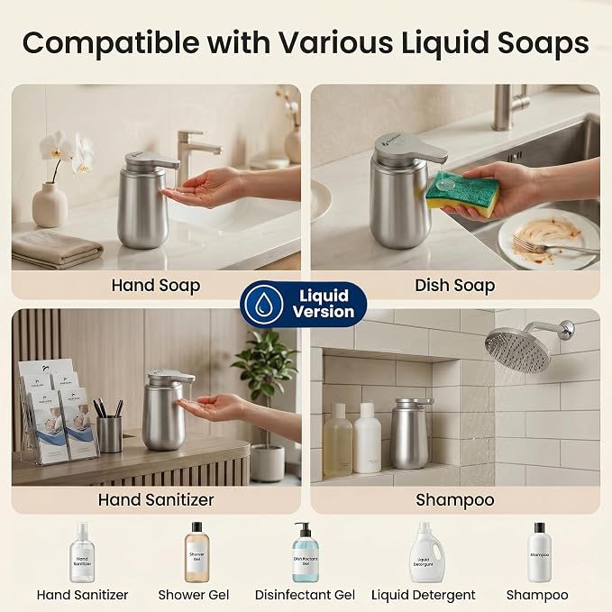 GentleJet NovaJet Automatic Liquid Soap Dispenser Touchless Sensor, USB-C Rechargeable, 304 Stainless Steel, IPX5 Waterproof for Bathroom Kitchen Sink, 10 oz / 300 ml